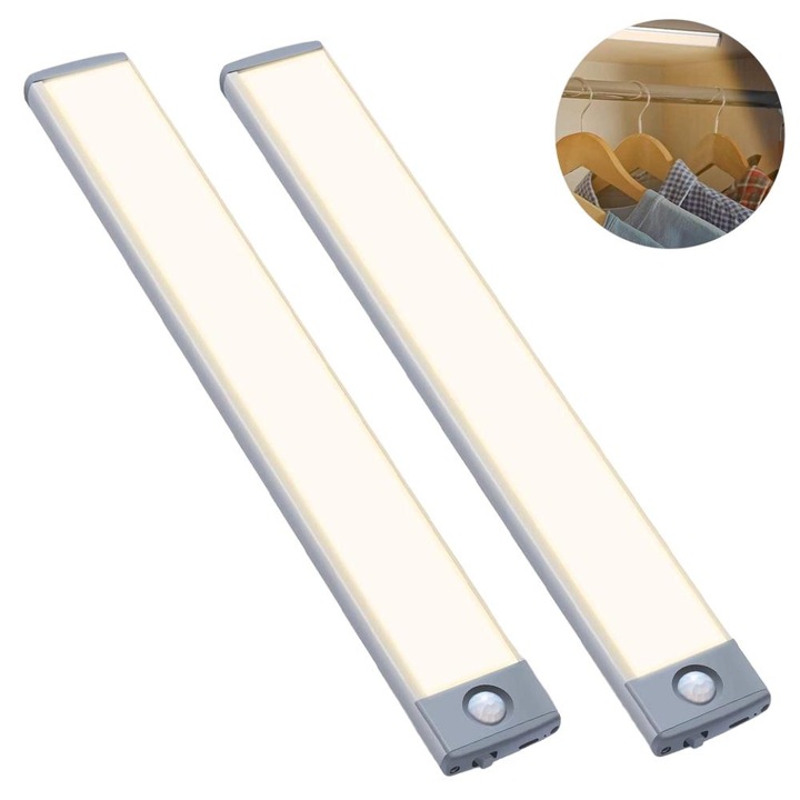 2 db éjszakai lámpa készlet mozgásérzékelővel, USB újratölthető, ezüst, 20x4x0,9cm