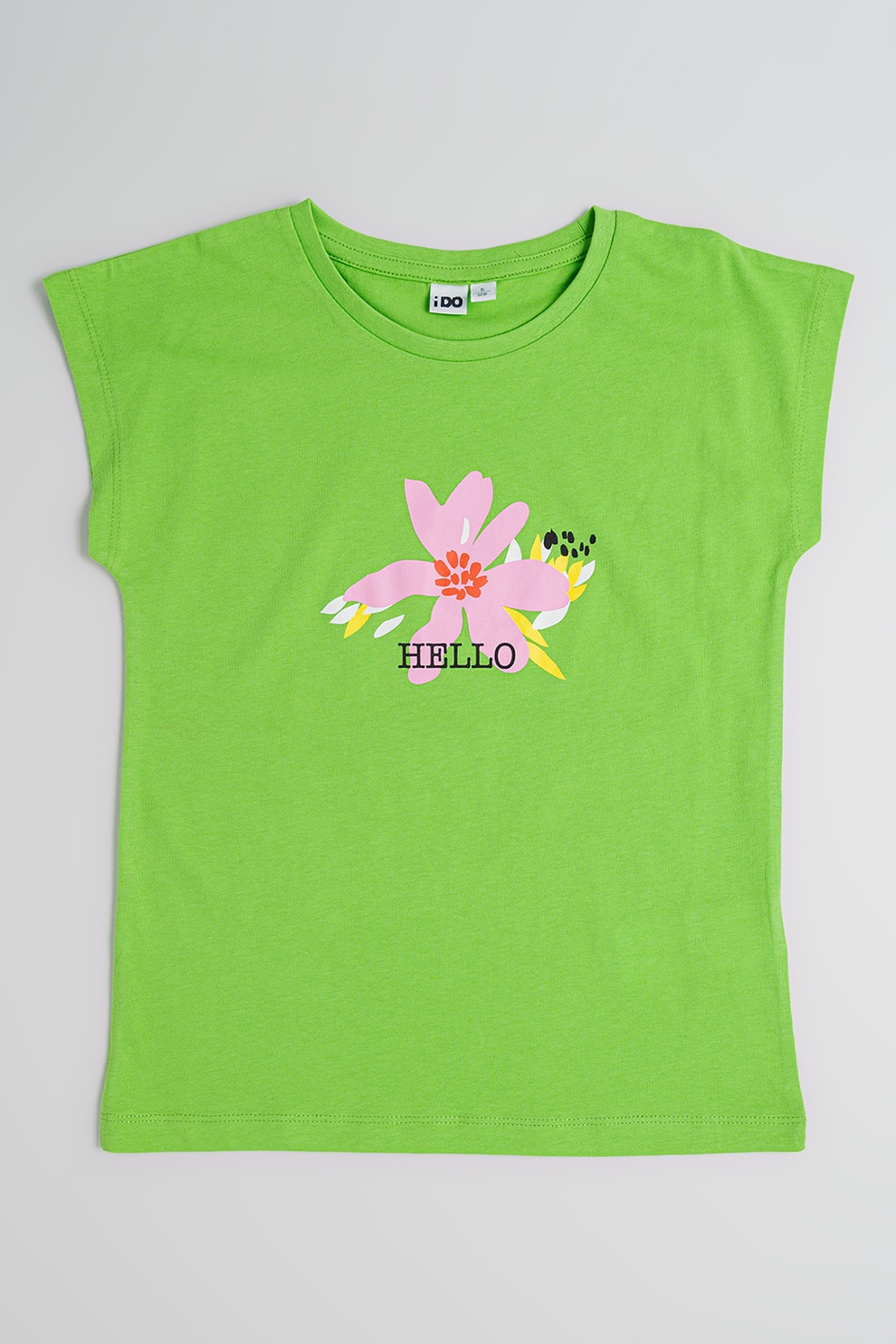 IDO, Tricou cu decolteu la baza gatului si model floral, Roz, Verde lime, 152 CM