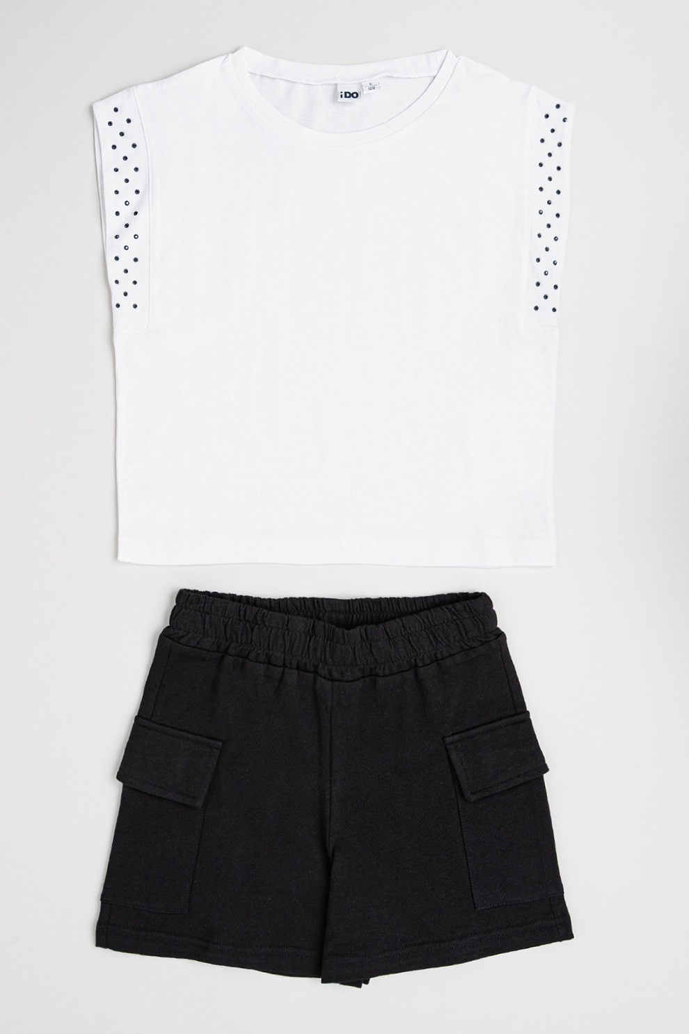 IDO, Set de top crop cu strasuri si pantaloni scurti, Negru, Alb optic, 152 CM