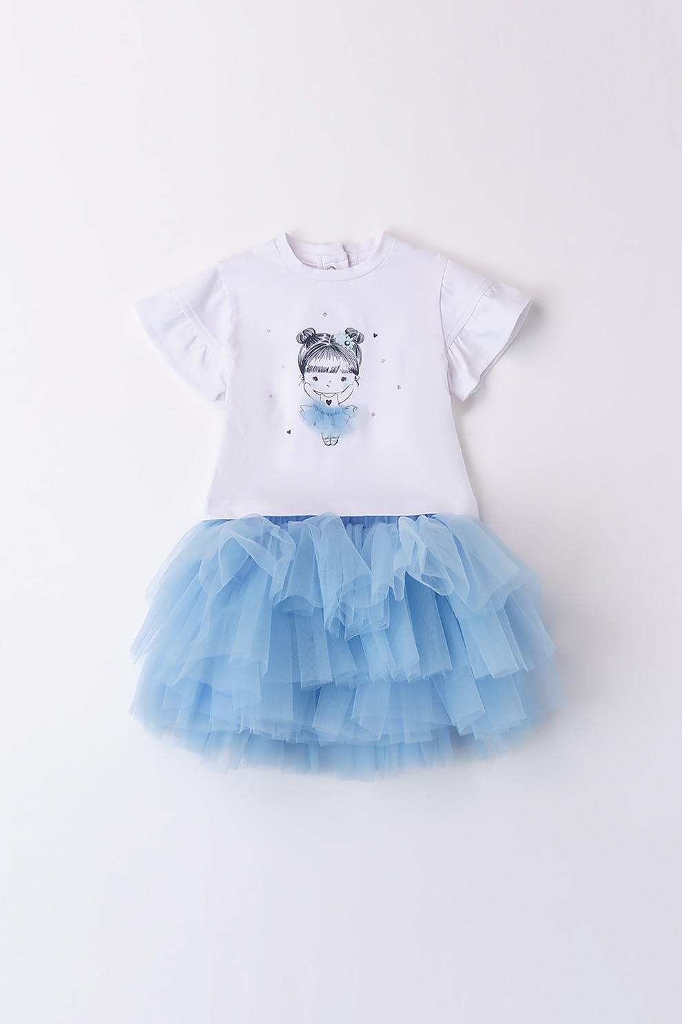 IDO, Set de tricou si fusta cu tul - 2 piese, Albastru pastel, Alb optic, 68 CM