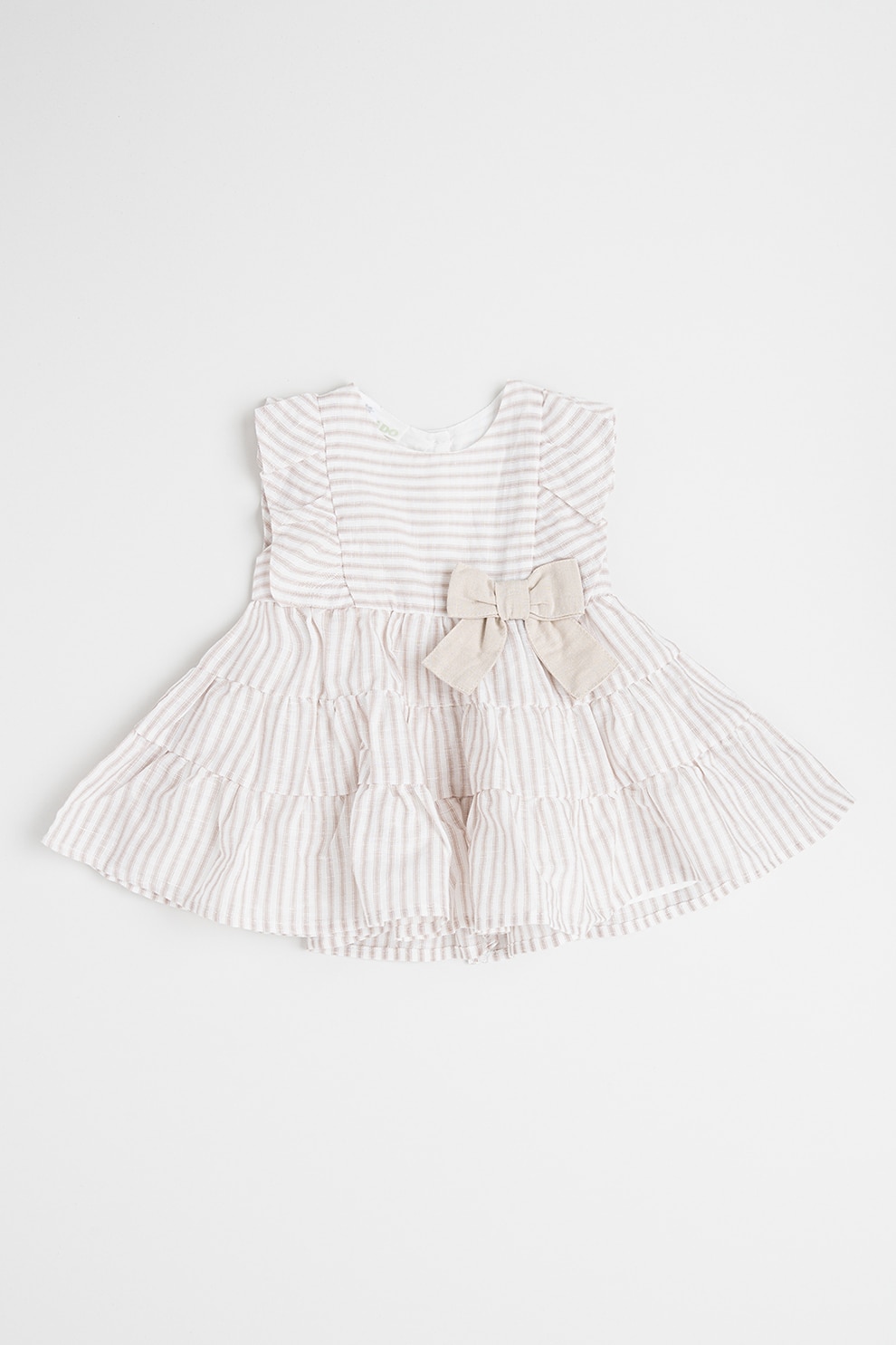 IDO, Rochie evazata din bumbac si in cu aplicatie cu funda, Alb murdar, Bej deschis, 80 CM