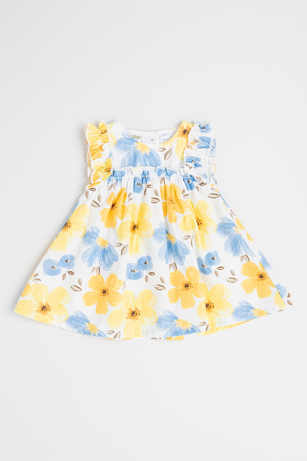 IDO, Rochie evazata cu imprimeu floral, Albastru pastel, Galben, Alb optic, 80 CM