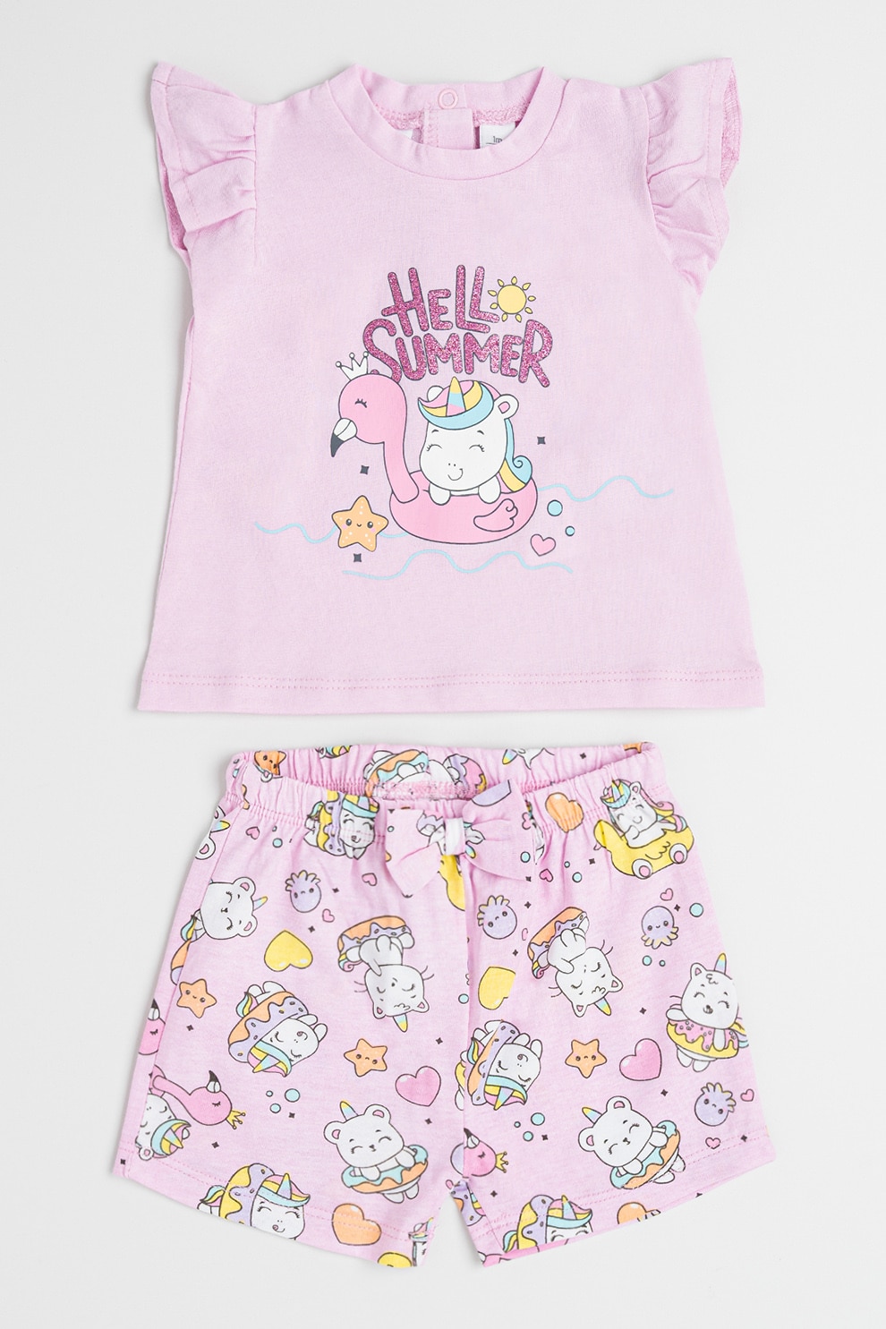 IDO, Set de pantaloni scurti si tricou cu decolteu la baza gatului - 2 piese, Alb, Roz, 80 CM