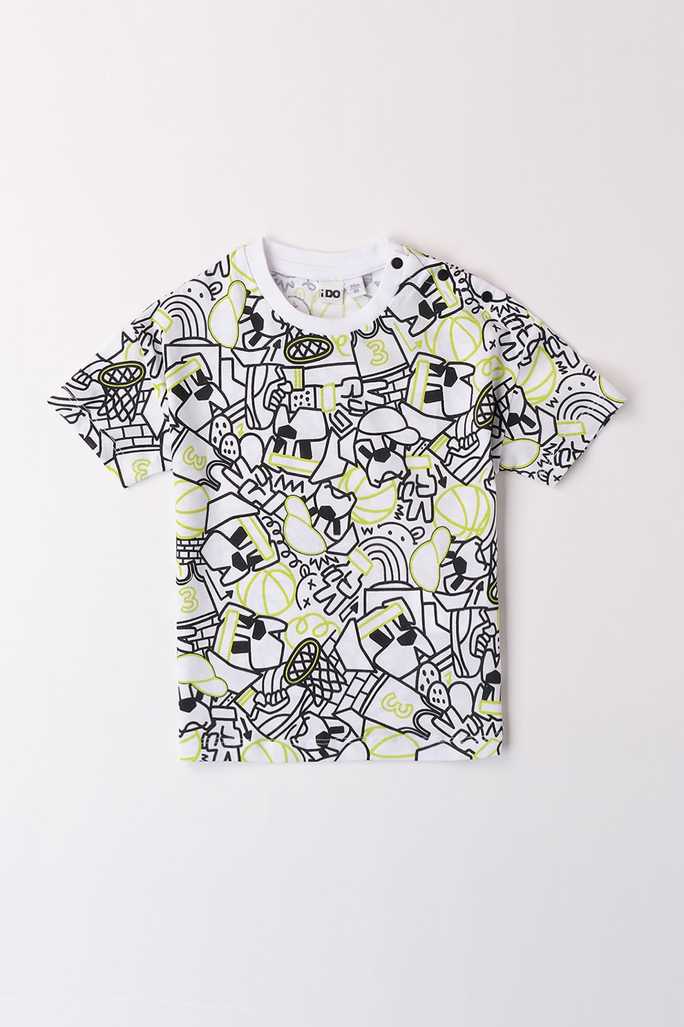 IDO, Tricou de bumbac cu imprimeu grafic, Negru, Verde pal, Alb optic, 128 CM