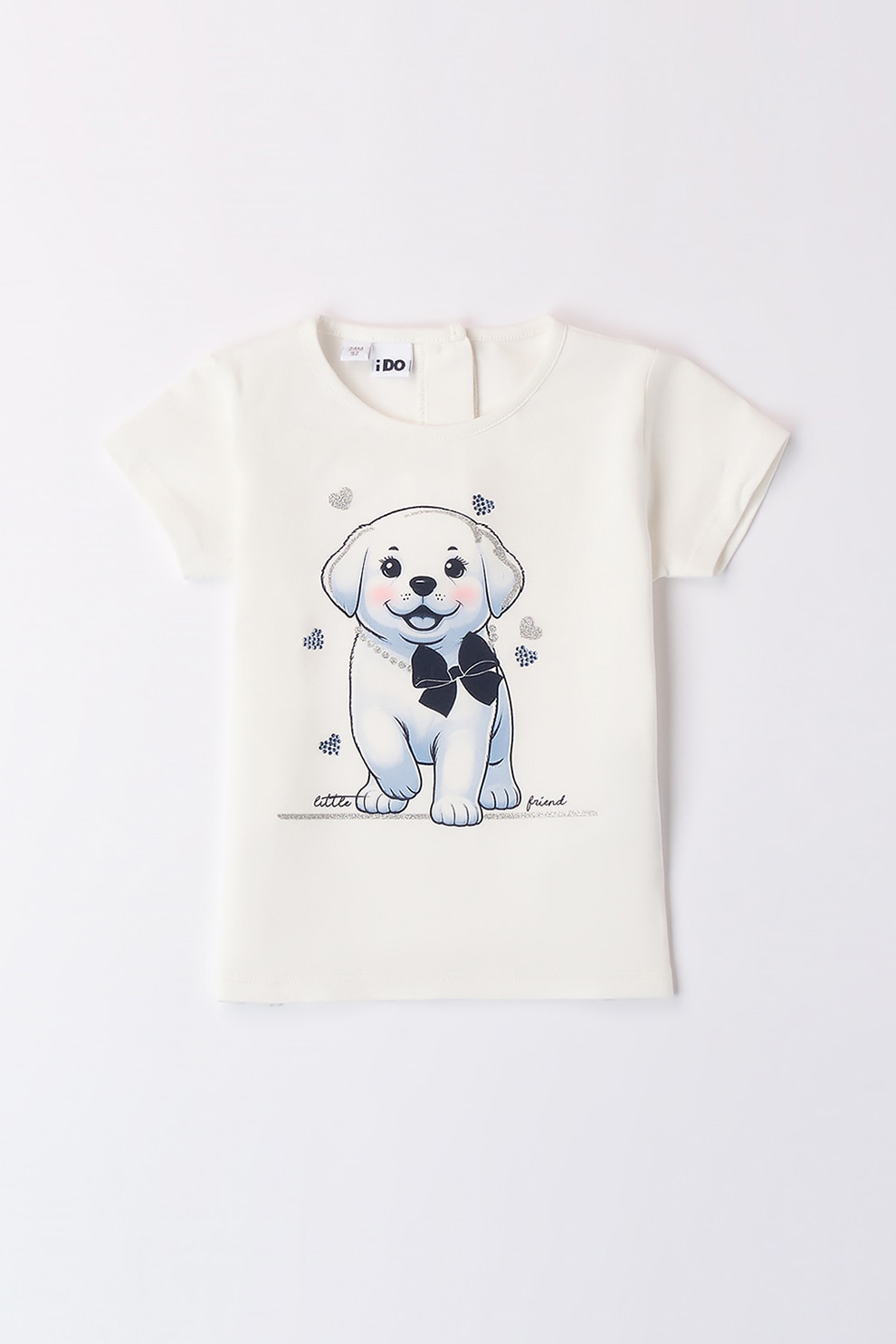 IDO, Tricou cu decolteu la baza gatului si imprimeu, Albastru pastel, Negru stins, Alb murdar, 122 CM