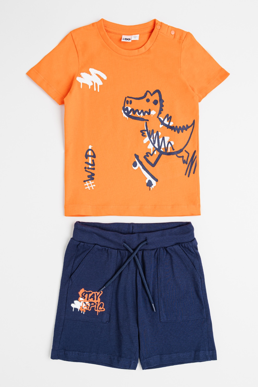 IDO, Set de tricou si pantaloni scurti cu imprimeu - 2 piese, Portocaliu mandarina, Bleumarin, 128 CM