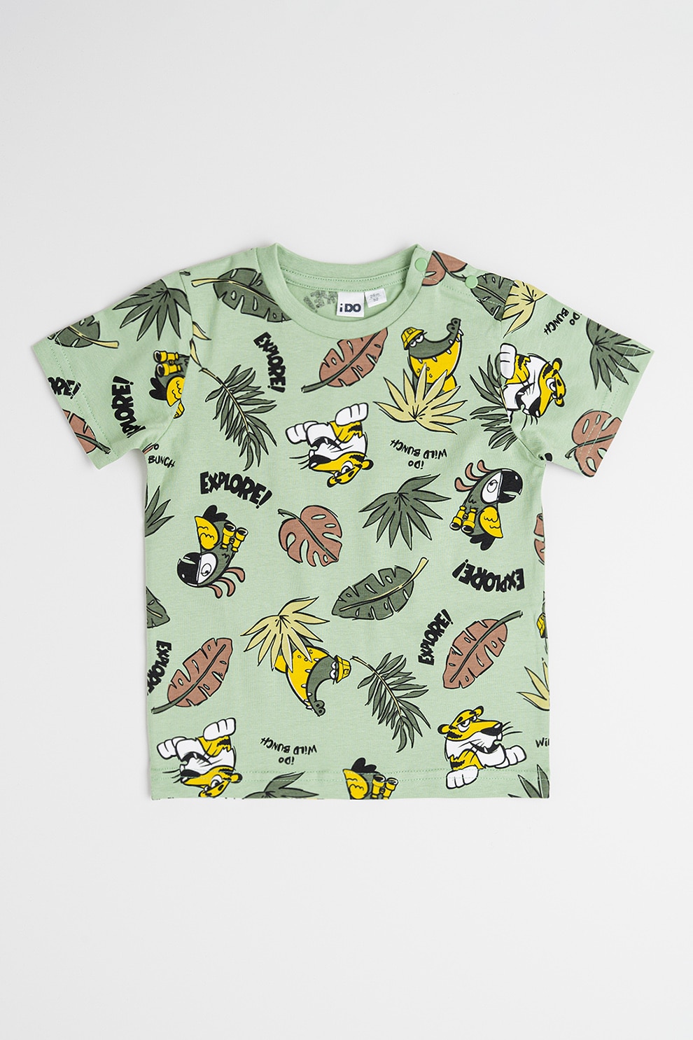 IDO, Tricou din bumbac cu imprimeu grafic, Negru, Verde pal, Maro fango, 128 CM