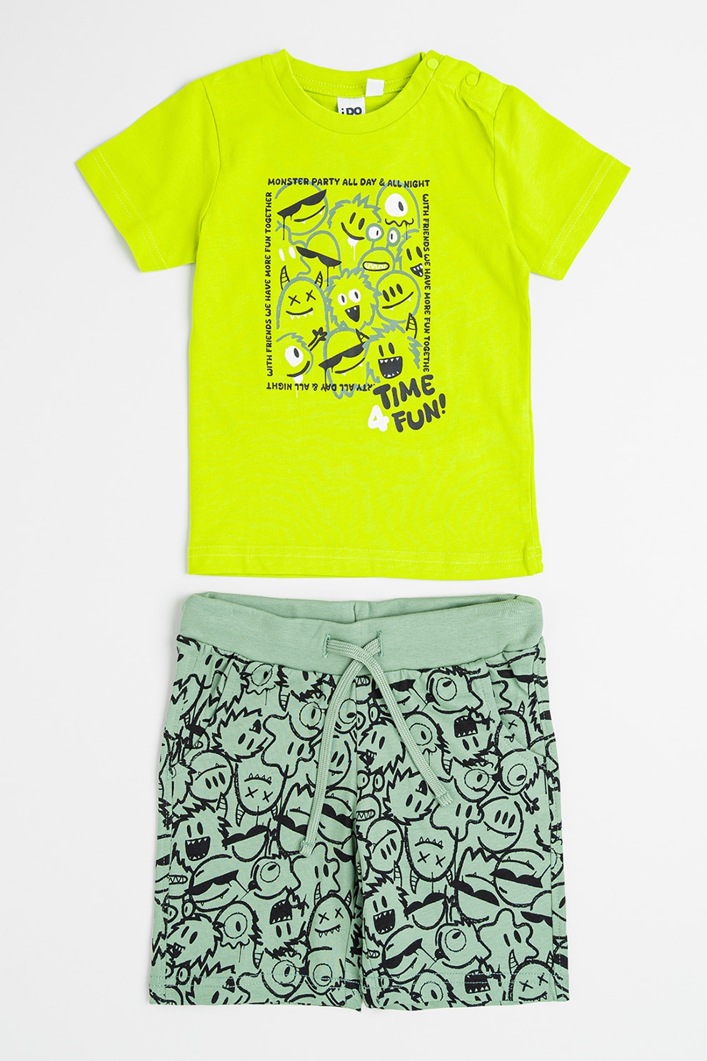 IDO, Set de tricou cu imprimeu si pantaloni scurit cu snur de ajustare - 2 piese, Verde electric, Verde feriga, 122 CM