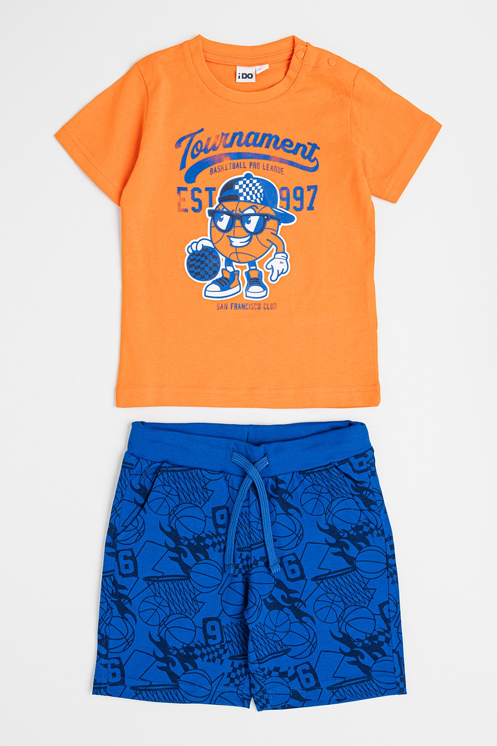 IDO, Set de tricou si pantaloni scurti din bumbac cu imprimeu, Portocaliu, Albastru royal, 128 CM