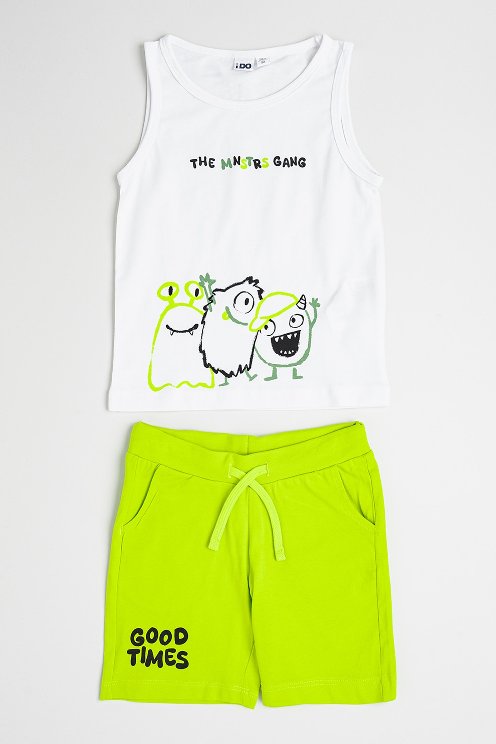 IDO, Set de pantaloni scurti si top din bumbac cu imprimeu, Negru, Alb optic, Verde lime, 128 CM