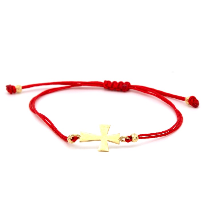 Bratara Cruce si Bile din Aur 14k cu Snur Rosu