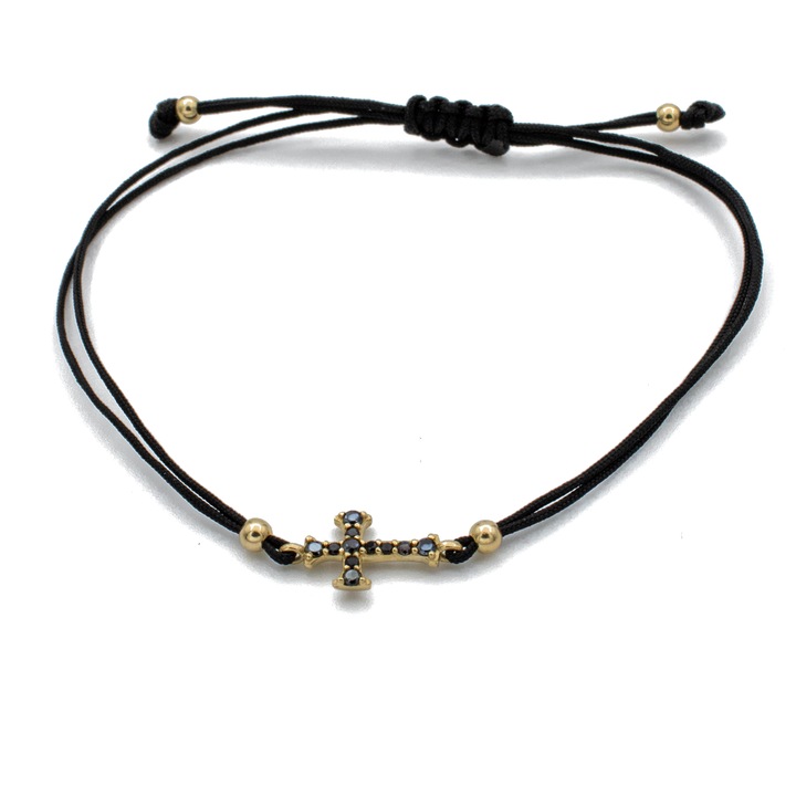 Bratara Cruce si bile din Aur 14k Cu Snur Negru
