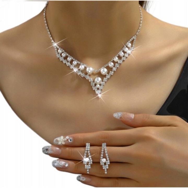 Комплект бижута, Dabola, Модел B8, С цирконий и перли, С обеци и колие, Елегантен стил, Подходящ за сватба, Цвят сребро/алб, 1 брой