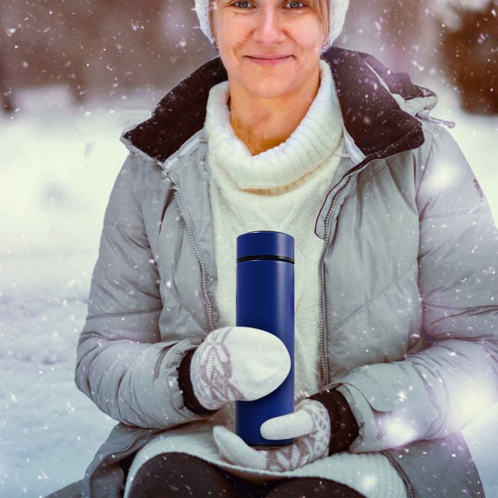 Termos pentru cafea, sticla de apa inteligenta, display LED pentru temperatura, izolatie dubla, albastru, 500ml