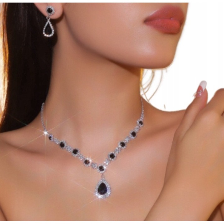 Set bijuterii pentru femei, Dabola, B26, Cercei, Colier, Zirconiu, Elegant, Nunta, Argintiu/Negru