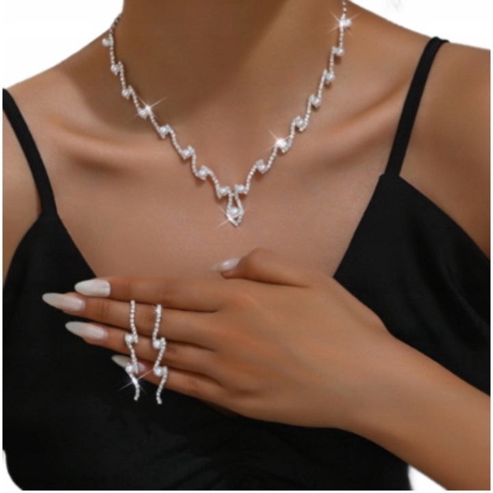 Дамски комплект бижута, Dabola, B22, Обеци, Колие, Цирконий, Перли, Елегантни, Сватбени, Сребърни/Бели