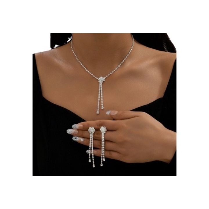 Set bijuterii pentru femei, Dabola, B27, Cercei, Colier, Zirconiu, Elegant, Nunta, Argintiu