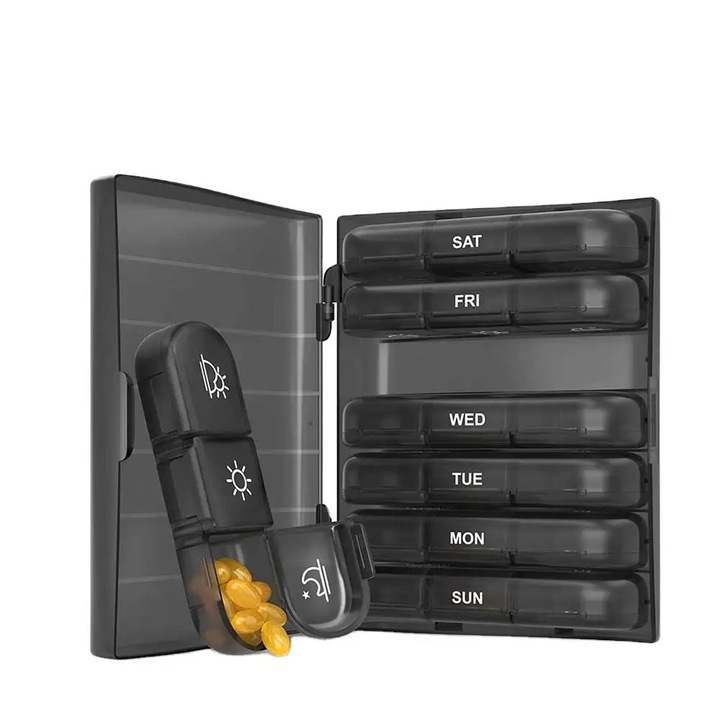 Органайзер за лекарства, седмична кутия за хапчета, подвижни контейнери с 3 отделения, 15,6 X 12 X 4,2 СМ, черен