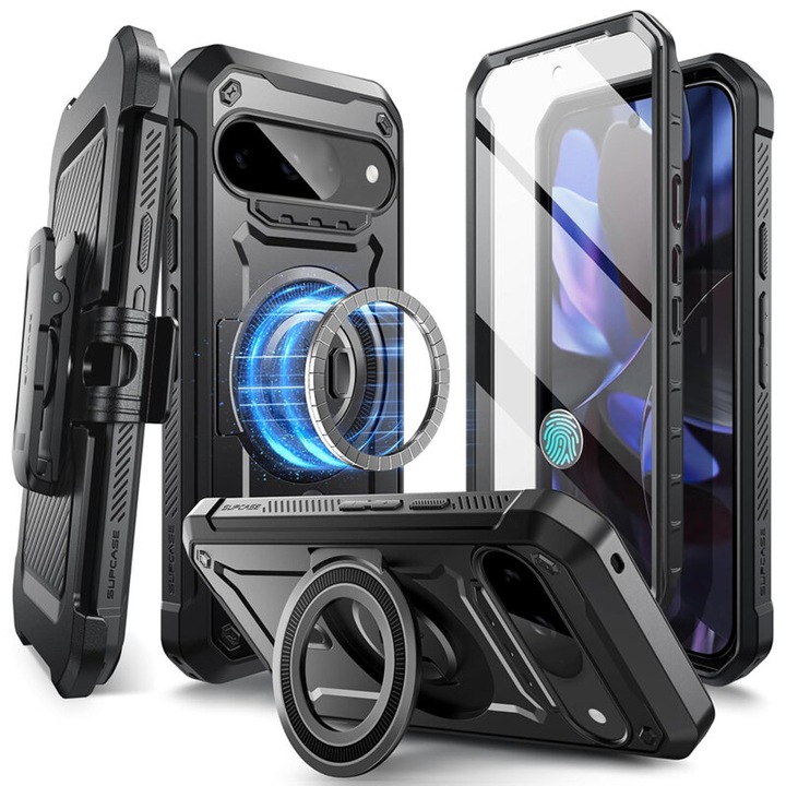 Husa de protectie compatibila cu Google Pixel 9/Pixel 9 Pro, Unicorn Beetle Pro, compatibila MagSafe, cu stand, clips prindere, folie inclusa, TPU, Negru