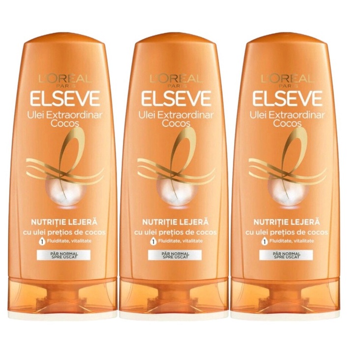 Set 3 x Loreal Elseve Balsam 200ml Extraordinary Cocos, testat dermatologic, prospetime de lunga durata, delicat pentru scalp, non-toxic, eco-friendly, aspect stralucitor, previne iritatia pielii, pH echilibrat, curatare ultra-blanda