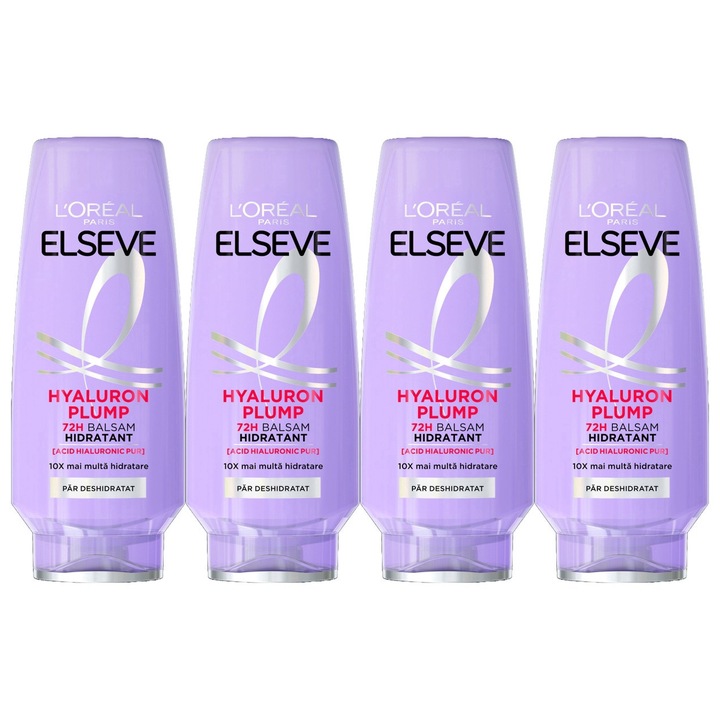 Set 4 x Loreal Elseve Balsam 200ml Hyaluron Plump, testat dermatologic, prospetime de lunga durata, delicat pentru scalp, non-toxic, eco-friendly, aspect stralucitor, previne iritatia pielii, pH echilibrat, curatare ultra-blanda