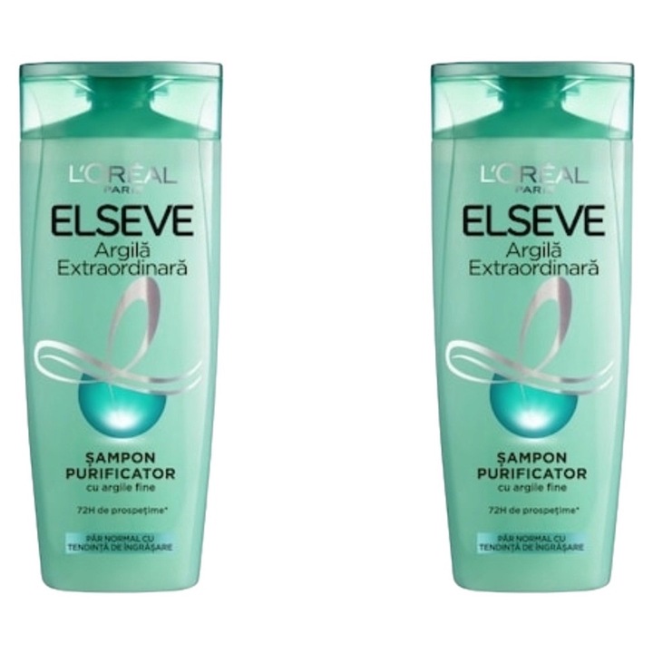 Комплект 2 x Loreal Elseve шампоан 400 ml Extraordinary Clay, дерматологично тестван, дълготрайна свежест, деликатен за скалпа, нетоксичен, екологичен, блестящ външен вид, предотвратява дразнене на кожата, балансирано pH, ултра нежно почистване