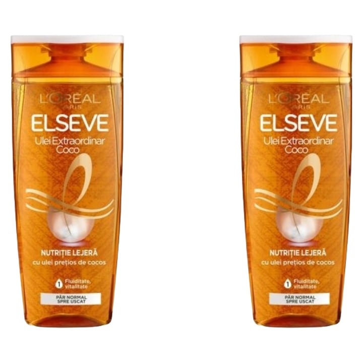 Комплект от 2 х Loreal Elseve шампоан 250 ml Extraordinary Coconut Oil, дерматологично тестван, дълготрайна свежест, деликатен за скалпа, нетоксичен, екологичен, блестящ външен вид, предотвратява дразнене на кожата, балансирано pH, ултра нежно почистване