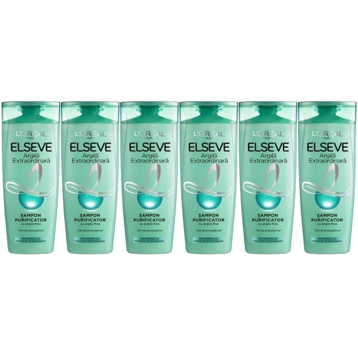 Комплект от 6 шампоана Loreal Elseve 400 ml Extraordinary Clay, дерматологично тестван, дълготрайна свежест, деликатен за скалпа, нетоксичен, екологичен, блестящ външен вид, предотвратява дразнене на кожата, балансирано pH, ултра-нежно почистване