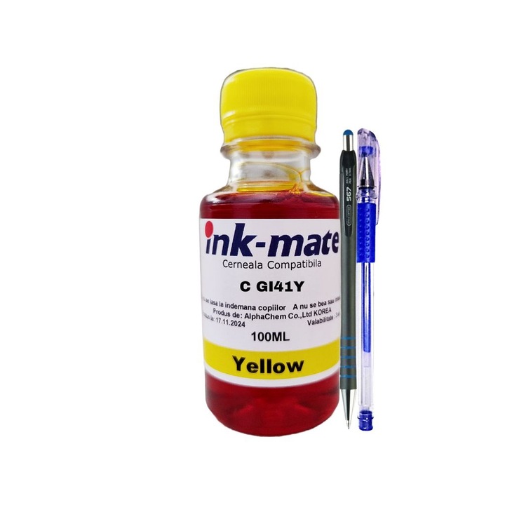 Ink-Mate kompatibilis Canon GI41 tintasugaras készlet (1x100 ml sárga) + CNX567 toll és gél toll