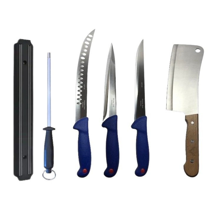 Set profesional de macelarie, injunghiat, transat, dezosat, filetat, suport magnetic, satar 3 cutite, masat pentru ascutit, Dactylion®