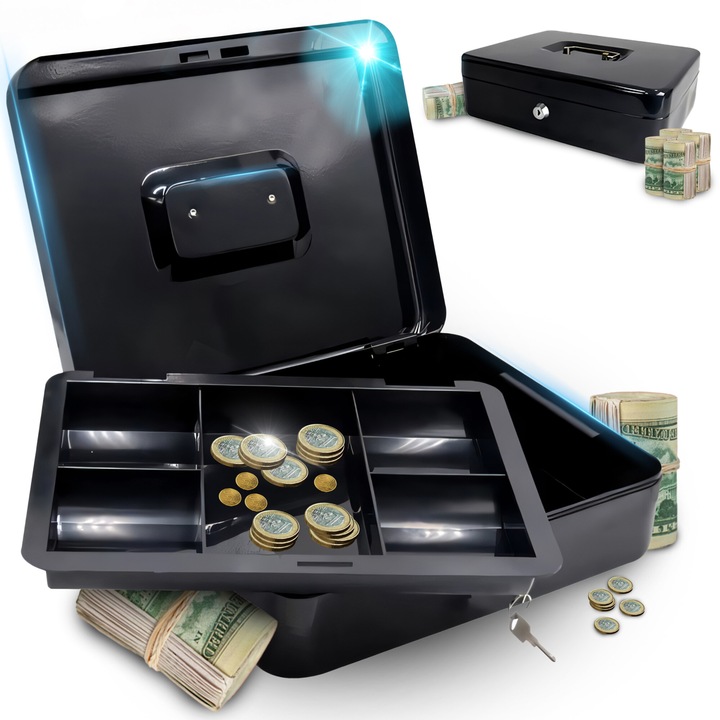 Каса за пари RETOO ProOffice, С ключалка, 30x24x9 см, Изработена от здрава пресована стомана, С подвижно чекмедже за органайзер, Хромирана дръжка, Ключалка, За банкноти, Монети, Документи и ценности, За дома, Офиса и търговията, Черна