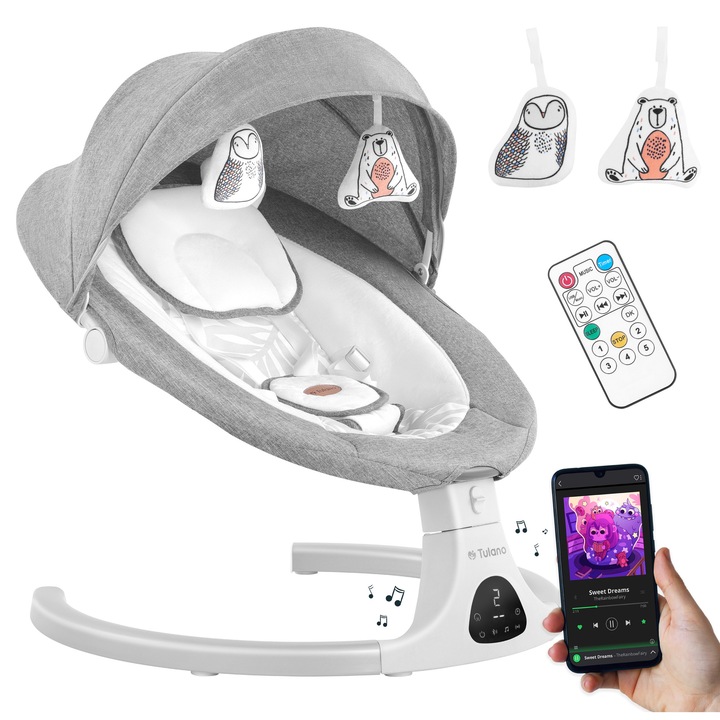 Balansoar electric, Tulano Astrid 35, 5 setari de viteza, telecomanda, Bluetooth, muzica, centura de siguranta in 5 puncte, jucarii, copertina, plasa impotriva tantarilor, Gri