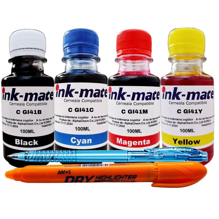 Ink-Mate tintapalack-készlet, kompatibilis Canon GI41 (1x100ml fekete, 1x100ml cián, 1x100ml bíbor, 1x100ml sárga) + mechanikus toll és nem mérgező szövegjelölő