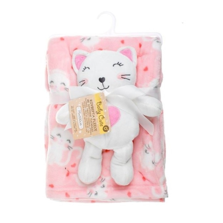 Babatakaró, macskák és plüssjáték minta, 100x75 cm, rózsaszín, UnderShop®