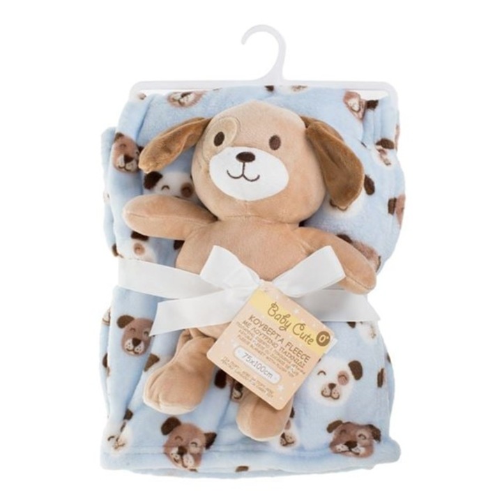 Patura Bebelusi, model Catel si Jucarie de Plus, 100x75cm, Albastru, UnderShop®