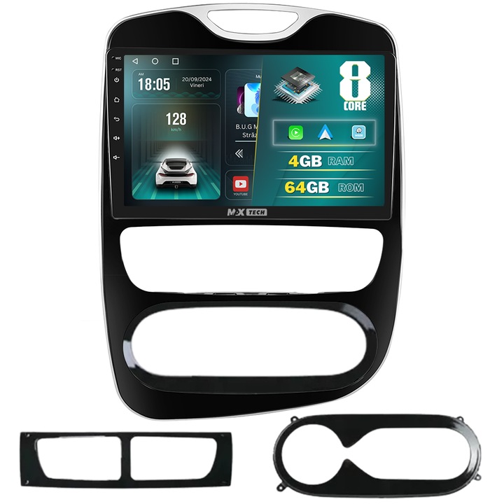 Navigációs rendszer, Renault Clio 4 (2012 - 2019) Android 13 és CarPlay, MaxTech®, 10" IPS képernyő, 4 GB RAM 64 GB ROM, GPS, Carplay, WIFI, RDS, DSP, EQ, Airplay, Youtube, Bluetooth, Waze