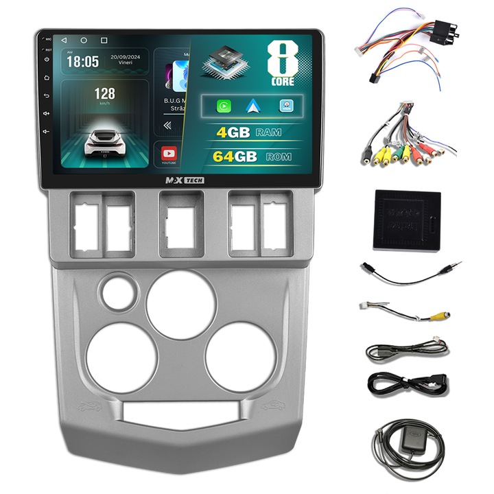 Navigatie Dacia Logan 1 ( 2004 - 2009 ) dedicata Android 13 si Carplay, MaxTech®, ecran de 9 inch IPS, 4 GB Ram 64 GB Rom, Youtube, functii GPS, WIFI, Radio, RDS, EQ, DSP, Bluetooth, Waze, Mirrorlink