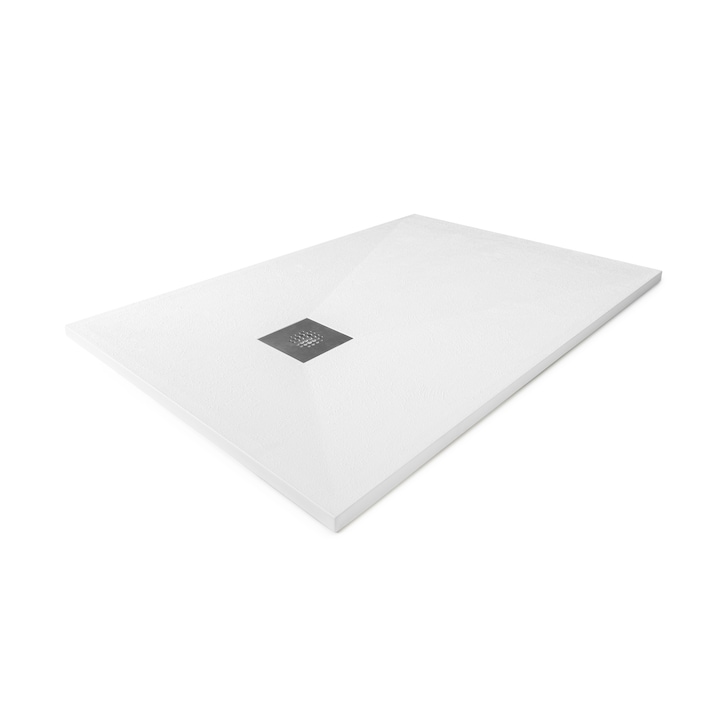 Cadita de dus slim ultra usoara ALUX Fibrex, 170x75 cm, alb, textura stone, cu grilaj inox