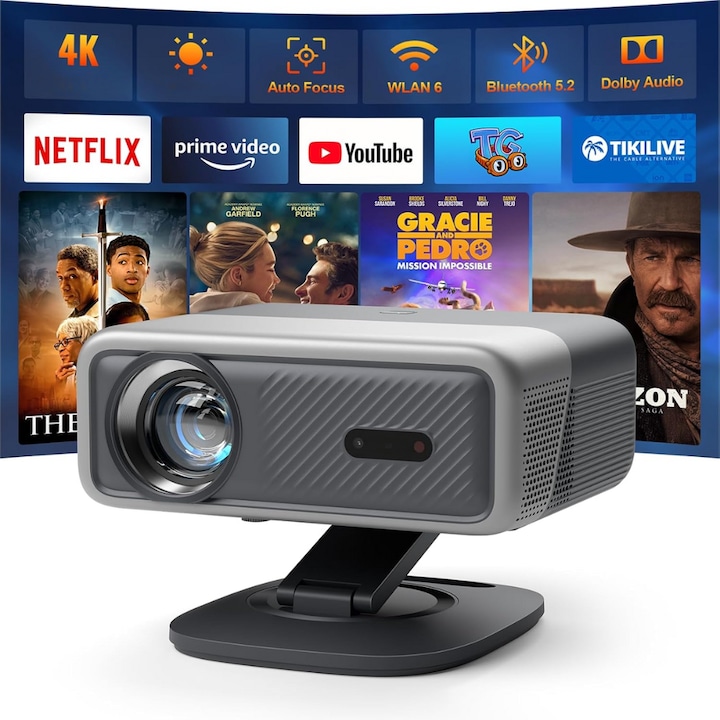 Videoproiector 1080P Full HD, WiFi 6, Bluetooth 5.2, 28000 Lumeni, Audio Dolby, Focalizare Automata, Corectie Trapezoidala, Suporta 4K, Rezolutie 1920 x 1080, LCD, LED, HDMI, AV, USB, Mirroring, Zoom, Contrast 20.000:1, Telecomanda, Suport Rotativ, Negru