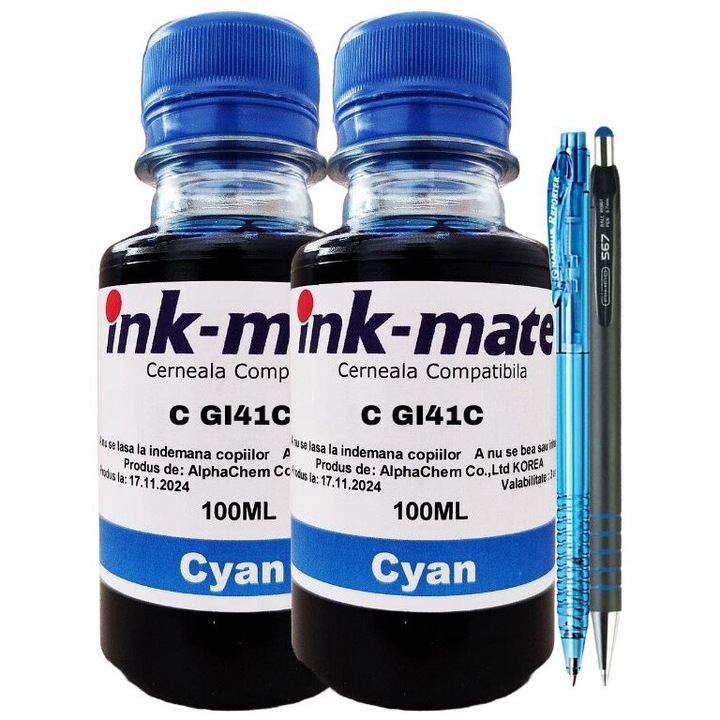 Ink-Mate kompatibilis Canon GI41 tintasugaras készlet (2x100 ml cián) + CNX567 toll és gél toll