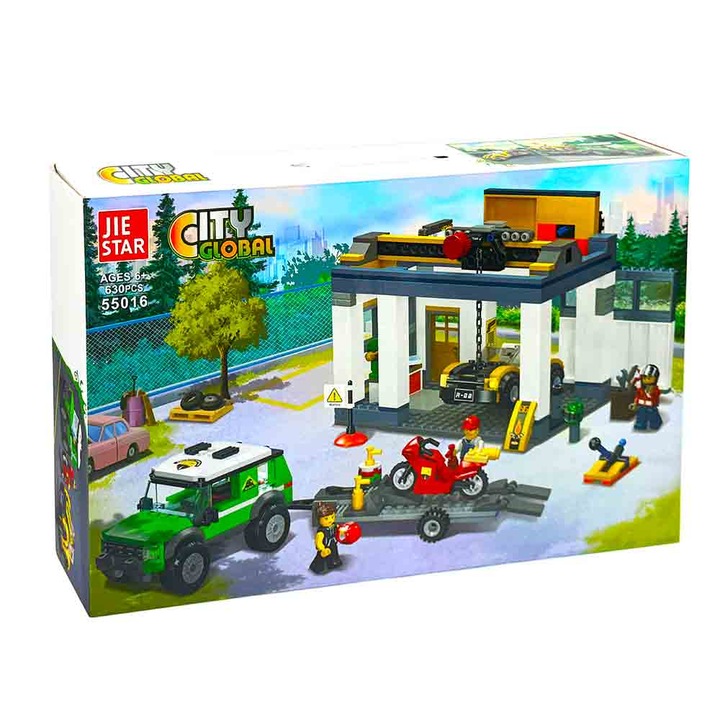 Jeep de constructii, cu remorca si garaj, 630 piese