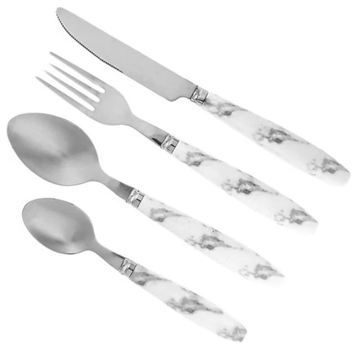 Комплект прибори ANGMAD, 12 части: 3 х ножове, 3 х вилици, 3 х лъжици и 3 чаени лъжички, изработен от неръждаема стомана, пластмасова дръжка с имитация на мрамор, цвят: бяло-сив