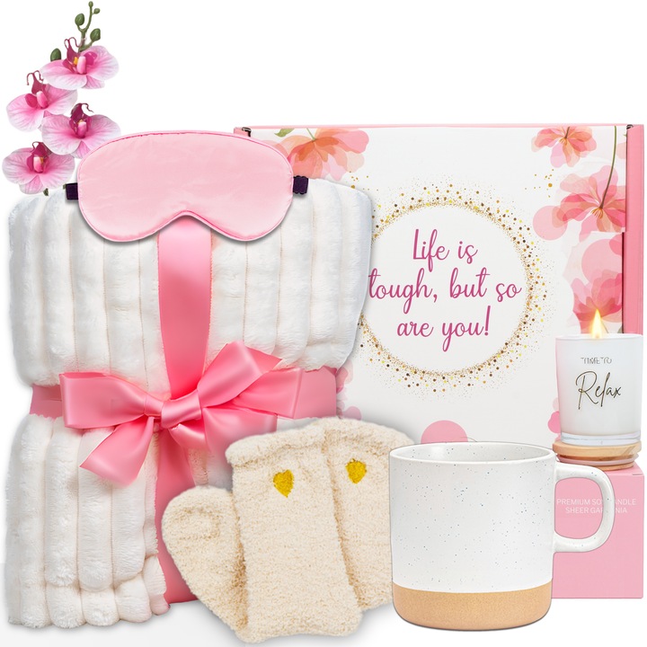 Set cadou pentru femei 7 piese, Patura pufoasa, Cana ceramica, Lumanare parfumata, Masca pentru dormit, Sosete dama, Orhidee decor, Ambalate in pachet elegant, 31x25x13 cm, Ideal pentru ea, dame, mama, fata, sotie, fiica, sora, nasa, Alb/Roz
