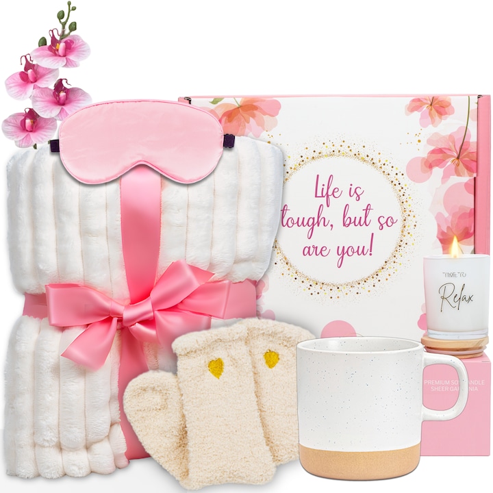 Set cadou pentru femei 7 piese, Cadonique®, Patura pufoasa, Cana ceramica, Lumanare parfumata, Masca pentru dormit, Sosete dama, Orhidee decor, Ambalate in pachet elegant, 31x25x13 cm, Ideal pentru ea, dame, mama, fata, sotie, fiica, sora, nasa, Alb/Roz