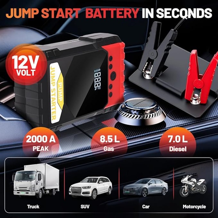 Starter auto 4 in 1, Power Bank, booster baterie auto, compresor de aer, Power Bank cu afisaj digital, lumina de urgenta, negru/rosu