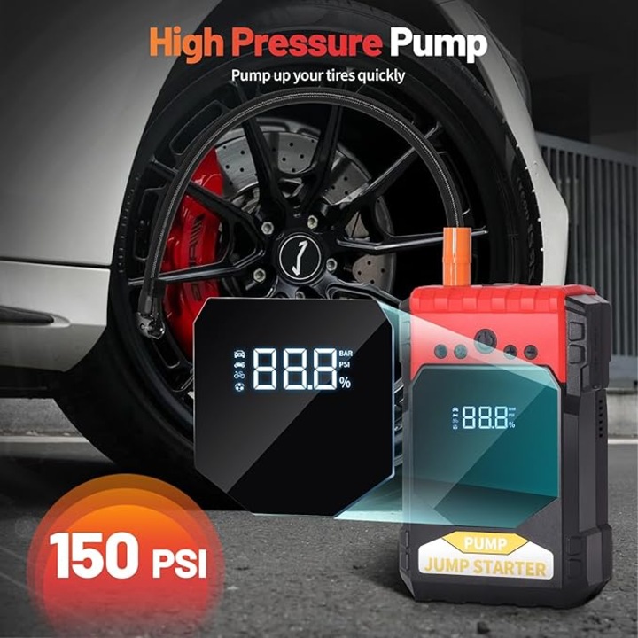 Starter auto 4 in 1, Power Bank, booster baterie auto, compresor de aer, Power Bank cu afisaj digital, lumina de urgenta, negru/rosu