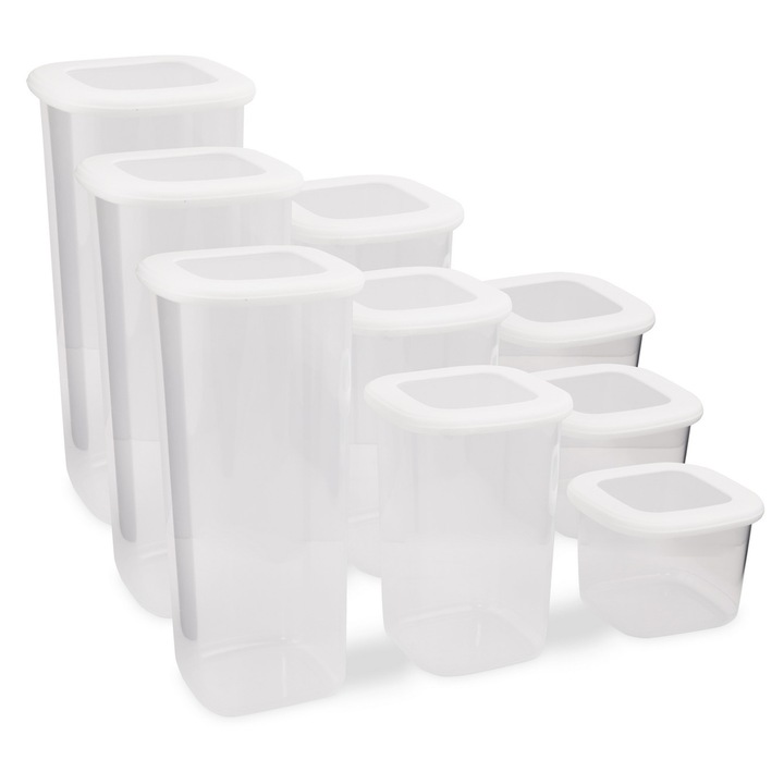 Set 9 Recipiente Alimentare Compact Stylish UnicUtil®, Design Modular si Elegant cu Capace Etanse, Ideal Pentru Organizarea Eficienta a Bucatariei, Frigiderului sau Camarii, Usor de Curatat si Stivuibil, Culoare Alb Mat