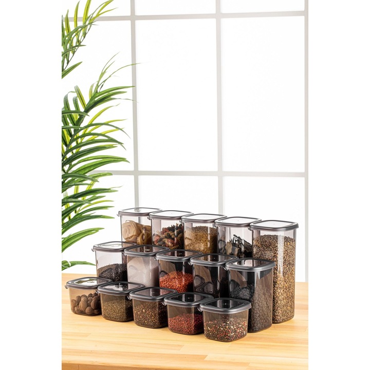 Set 15 Recipiente Alimentare UnicUtil®, Model Durable Elegant, Pentru Depozitare Bucatarie sau Frigider, Stivuire Usoara, Capace Etanse, Design Rezistent si Modern, Culoare Antracit