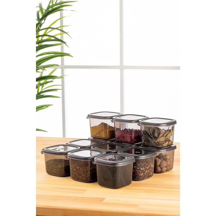 Set 12 Recipiente Alimentare UnicUtil®, Model Durable Modern, Pentru Organizare Bucatarie, Frigider sau Camara, Capace Etanse, Material Rezistent, Culoare Antracit