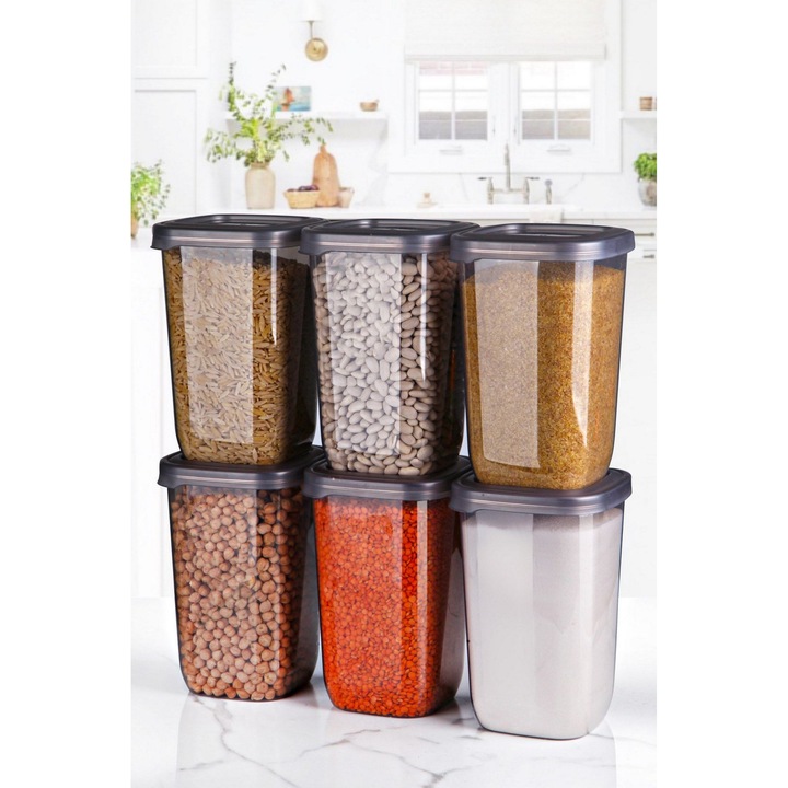 Set 6 Recipiente Alimentare UnicUtil®, Model Sturdy Modern, Ideal Pentru Depozitare in Frigider, Congelator, Camara sau Dulapuri, Pentru Legume, Fructe, Gustari sau Resturi Gatite, Capace Etanse si Rezistente, Usor de Spalat si Stivuit, Culoare Antracit